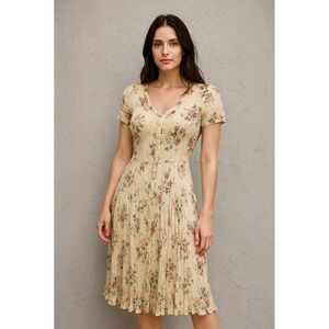 VTG 90s y2k Sz‎ M Floral Midi Crinkle Dress Cream Pink Fairy Grunge Cottage